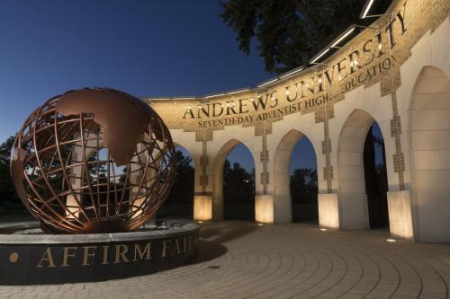 Entrance globe, on the campus of Andrews University, Berrien Springs, Michigan