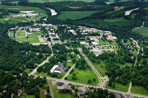 Aerial shot of Andrews University in Berrien Springs, Michigan.